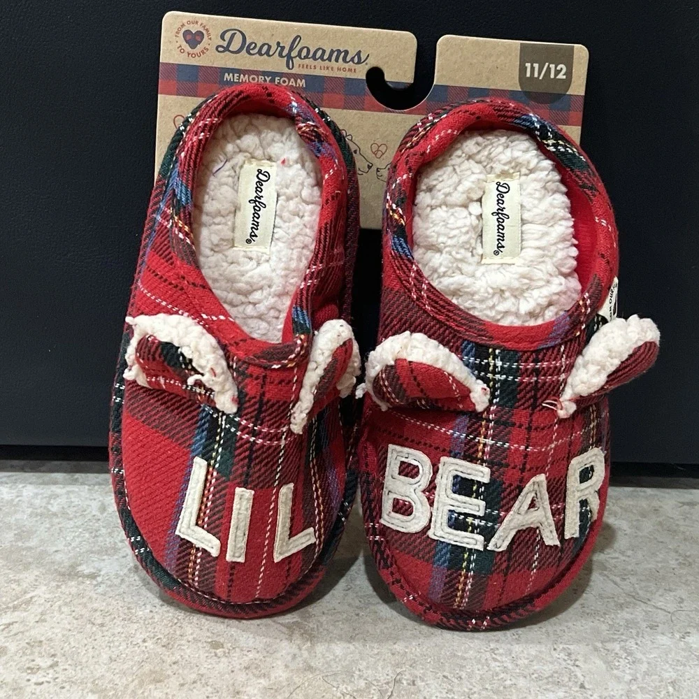 Dearfoams LIL BEAR Slippers Size 11-12 Blue White Red Plaid Child's Kid's‎ NEW